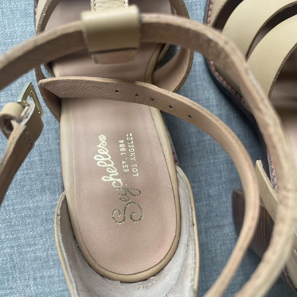 EUC Seychelles Nude/Tan Strappy Pointed-Toe Ankle Wrap Heels Size 8 US - Picture 8 of 9